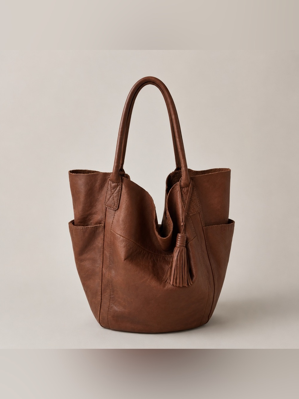 Genuine Leather Cognac Tote Bag w/ Tassel Accent & Side Pockets